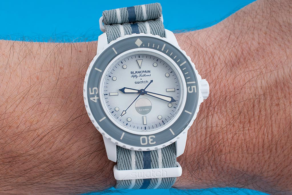 Blancpain x Swatch Scuba Fifty Fathoms Antarctic Ocean Watch Review SO35S100 - StrapHabit