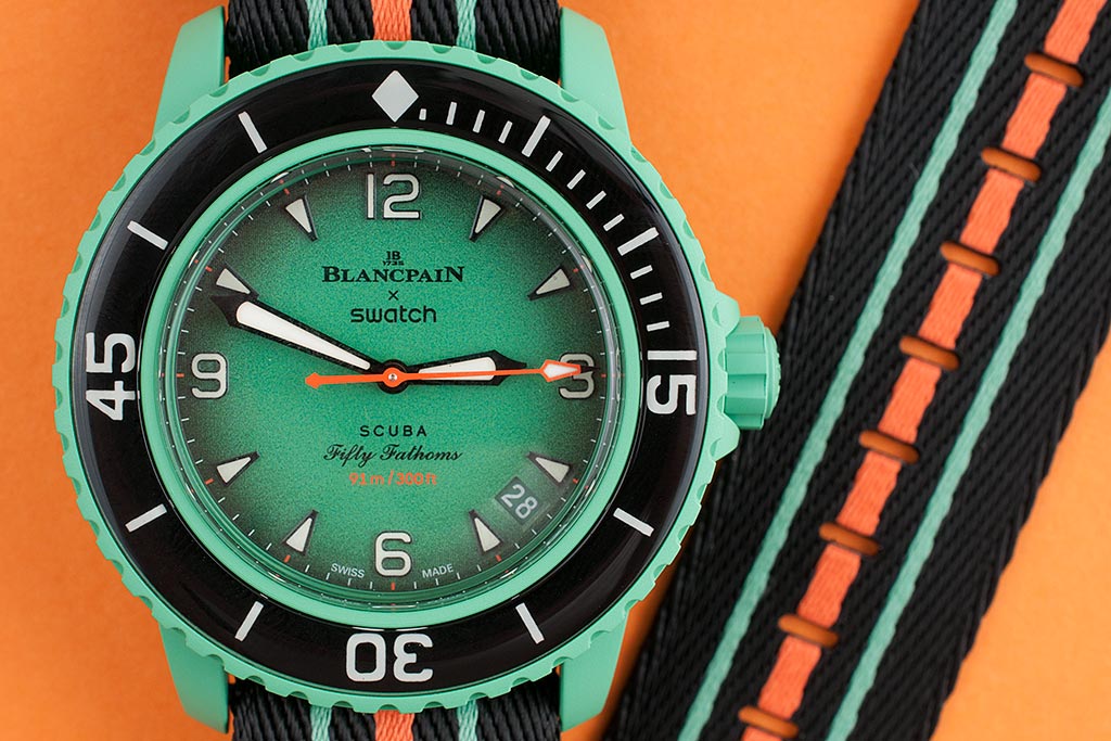 Blancpain x Swatch Scuba Fifty Fathoms Indian Ocean Watch Review SO35I100 - StrapHabit