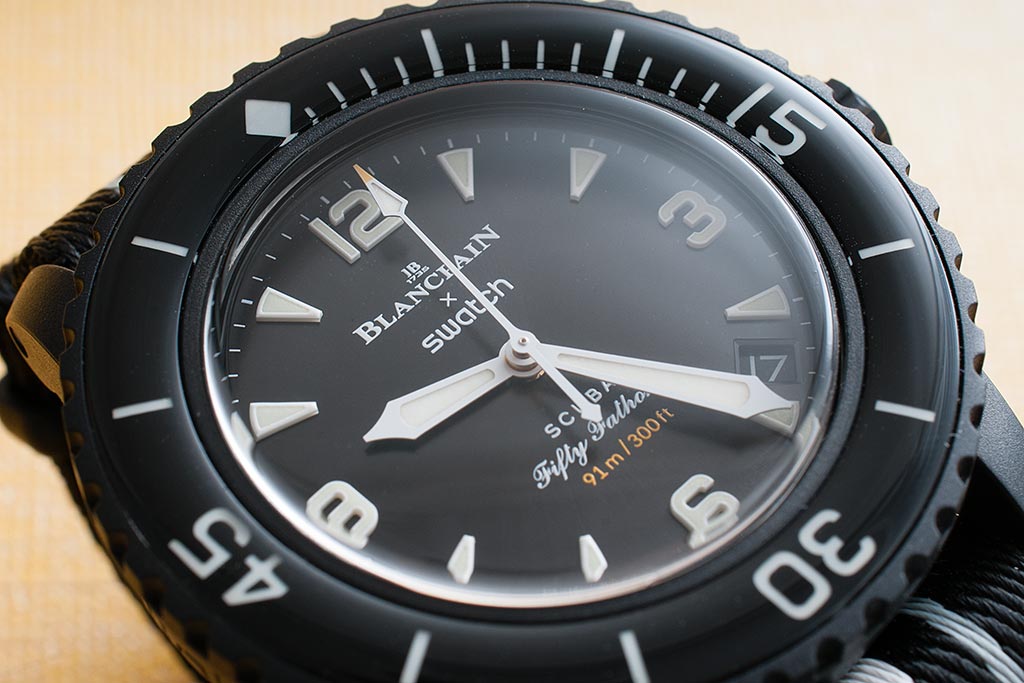 Blancpain x Swatch Scuba Fifty Fathoms Ocean of Storms Watch Review SO35B400 - StrapHabit