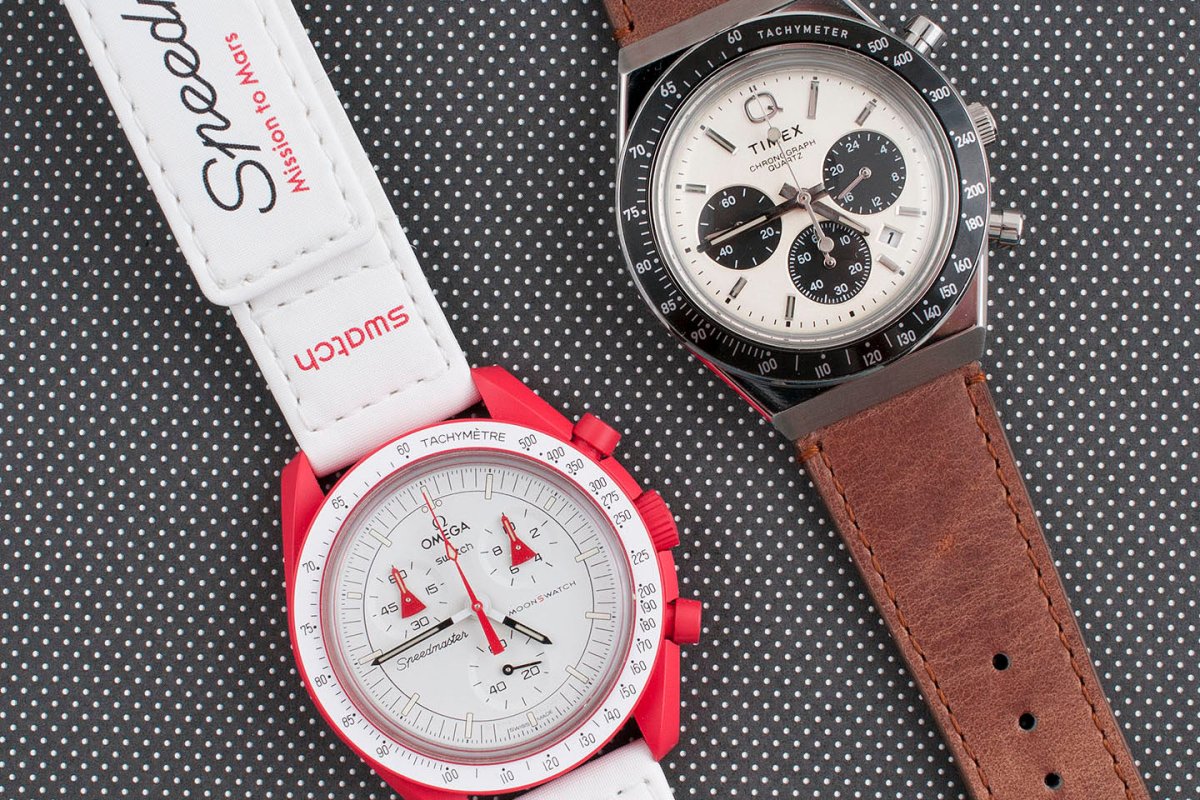 Q Timex Chronograph vs. Swatch x Omega Moonswatch Watch Review - StrapHabit