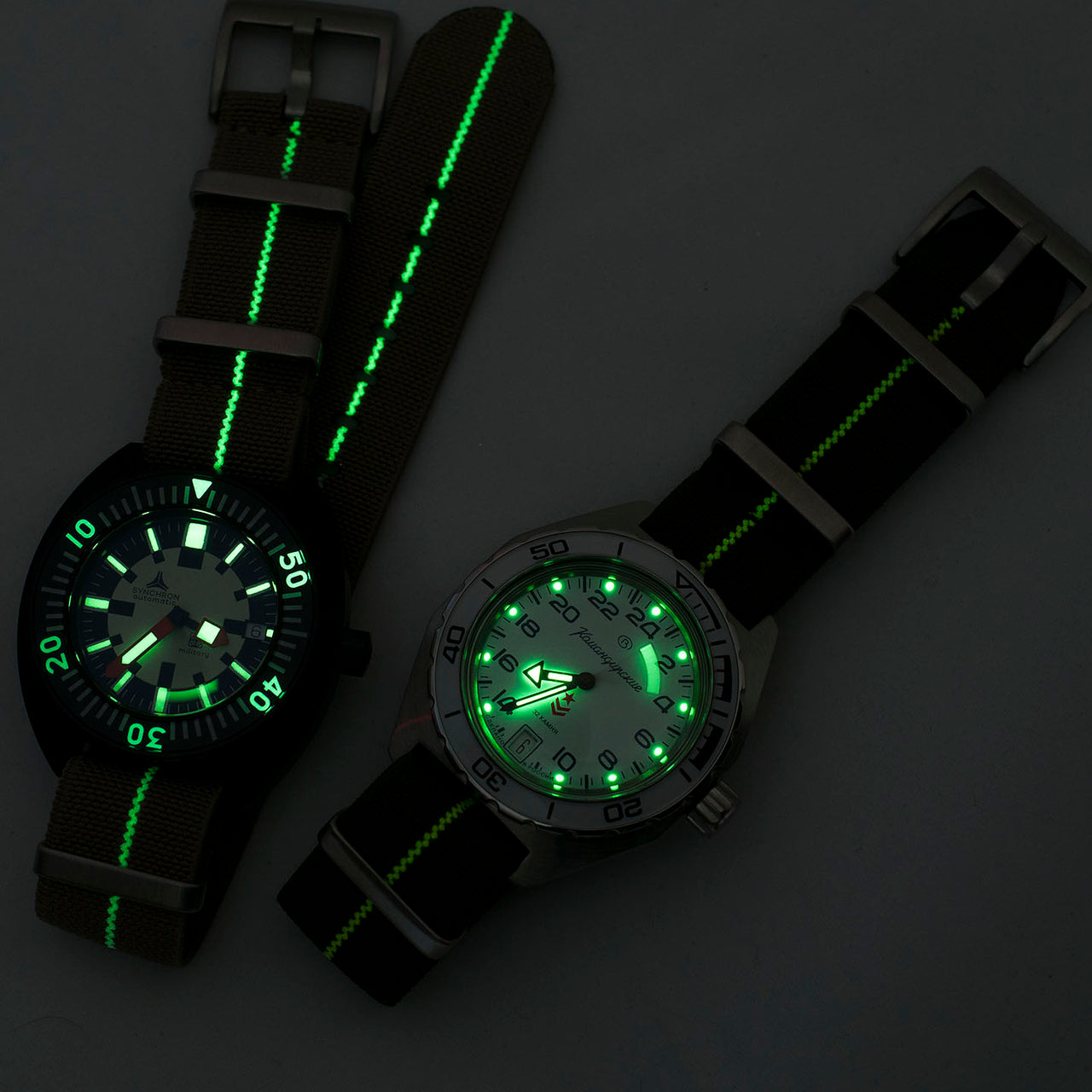 lume luminous lumed glowing glow in the dark NATO elastic parachute paratrooper marine nationale mn erika's original watch strap band 20mm 22mm green white yellow khaki tan striped