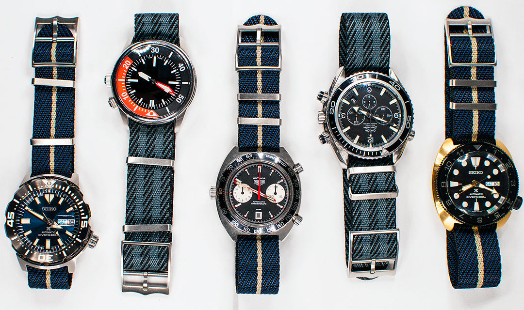 Tudor Black Bay 58 Pelagos NATO single pass weave chevron black blue green khaki tan gray bond