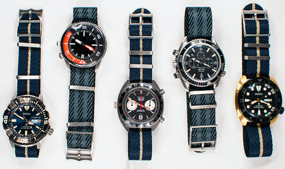 Tudor Black Bay 58 Pelagos NATO single pass weave chevron black blue green khaki tan gray bond