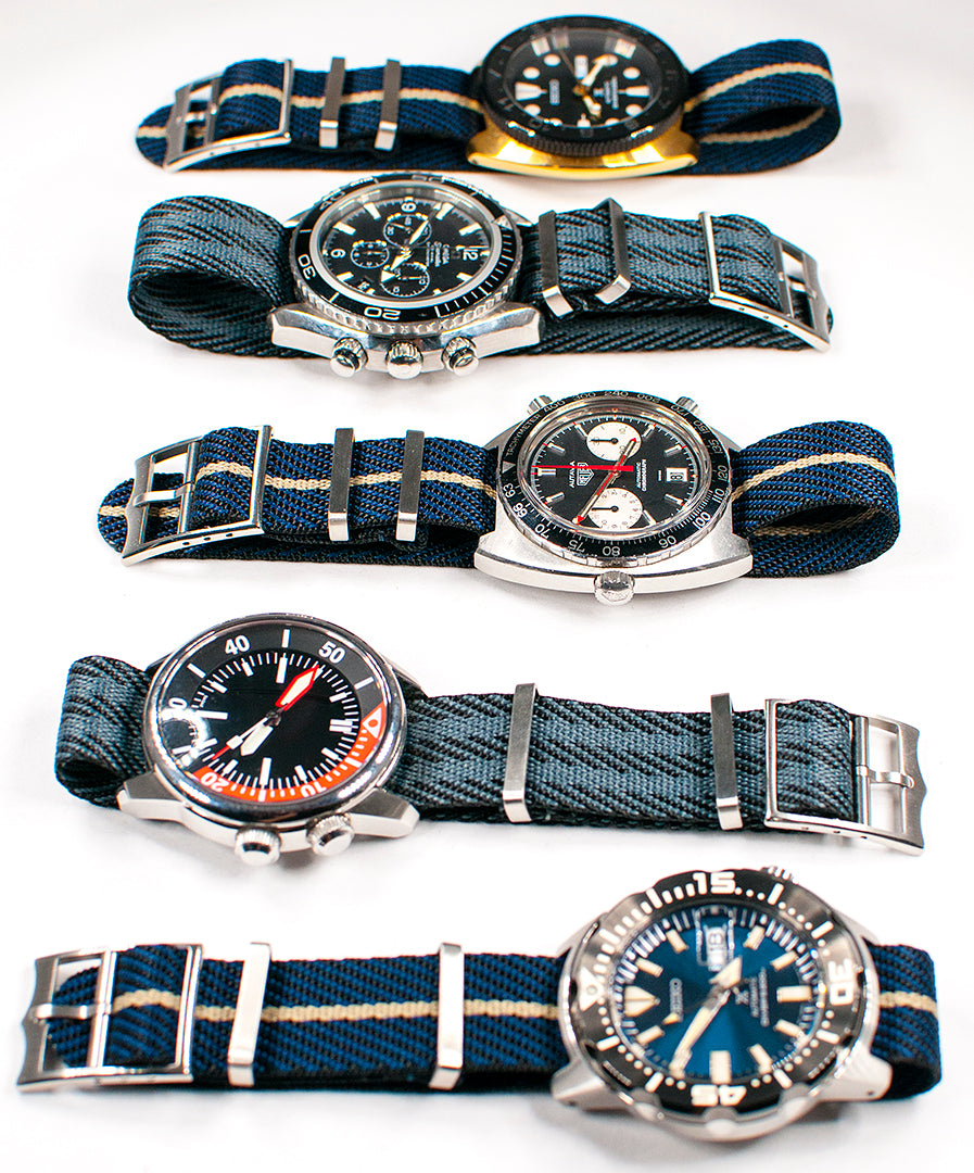 Tudor Black Bay 58 Pelagos NATO single pass weave chevron black blue green khaki tan gray bond