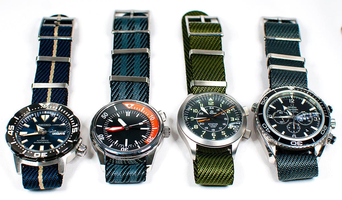 Tudor Black Bay 58 Pelagos NATO single pass weave chevron black blue green khaki tan gray bond