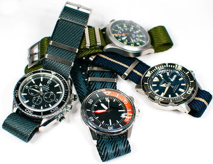 Tudor Black Bay 58 Pelagos NATO single pass weave chevron black blue green khaki tan gray bond