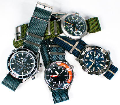 Tudor Black Bay 58 Pelagos NATO single pass weave chevron black blue green khaki tan gray bond