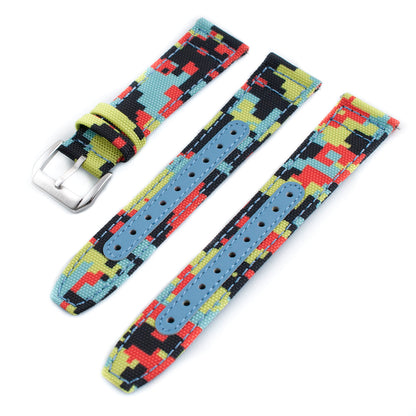 Premium Sailcloth Colorway Quick Release Watch Strap band replacement 19mm, 20mm, 21mm, 22mm for large wrists and small wrists, for men and women, unisex acid bright neon digital camo camouflage yellow black orange blue green