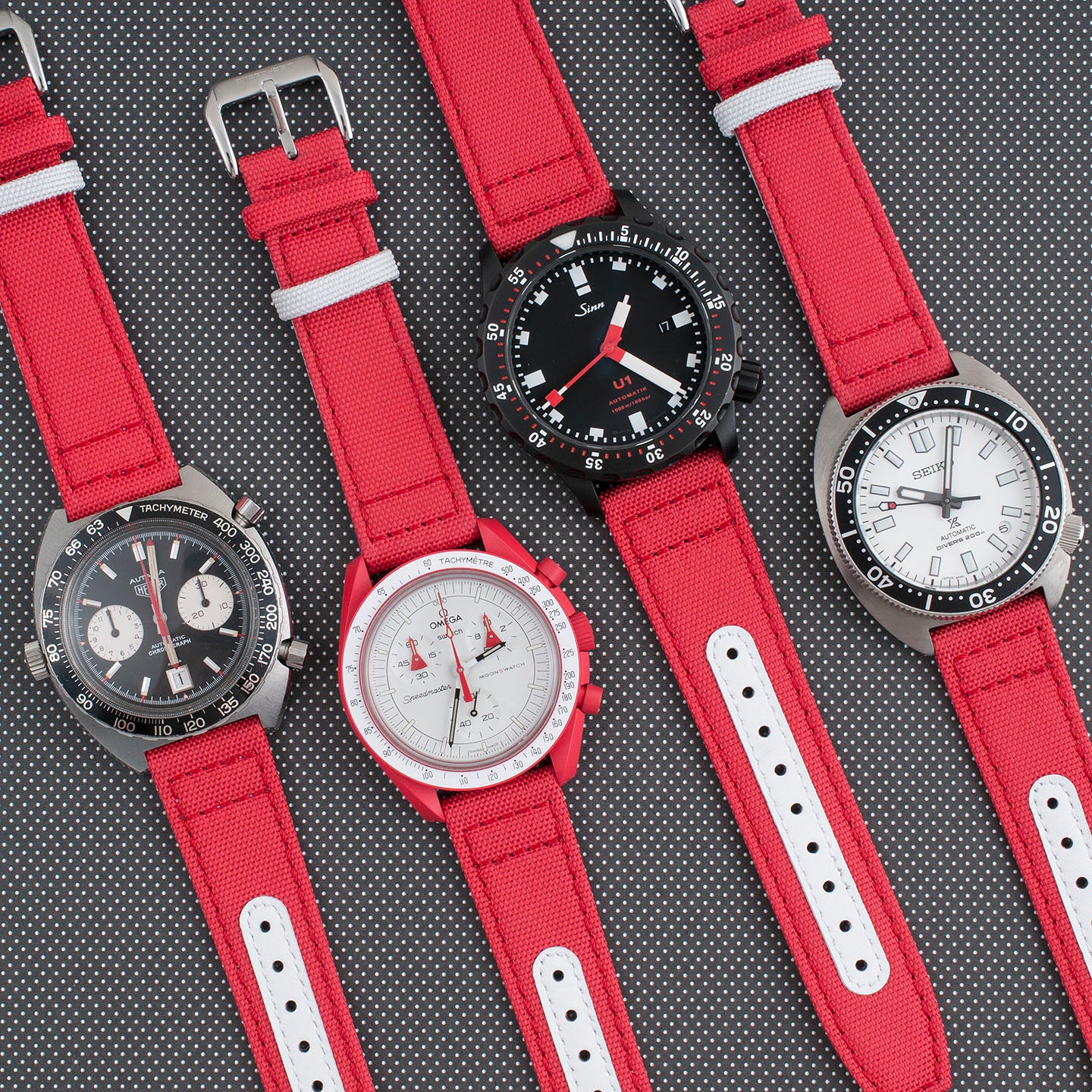 Premium Sailcloth Colorway Quick Release Watch Strap band replacement 19mm, 20mm, 21mm, 22mm for large wrists and small wrists, for men and women, unisex white bright red Crimson Heuer Autavia Viceroy 1163v sinn U1 S seiko spb313 omega swatch Moonswatch mission to Mars Speedmaster 